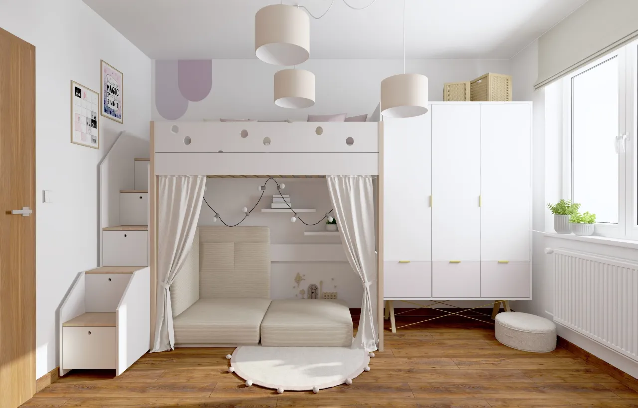 Przytulny mały pokój dla dziewczynki z łóżkiem na antresoli, schodkami ze schowkami i białymi meblami.