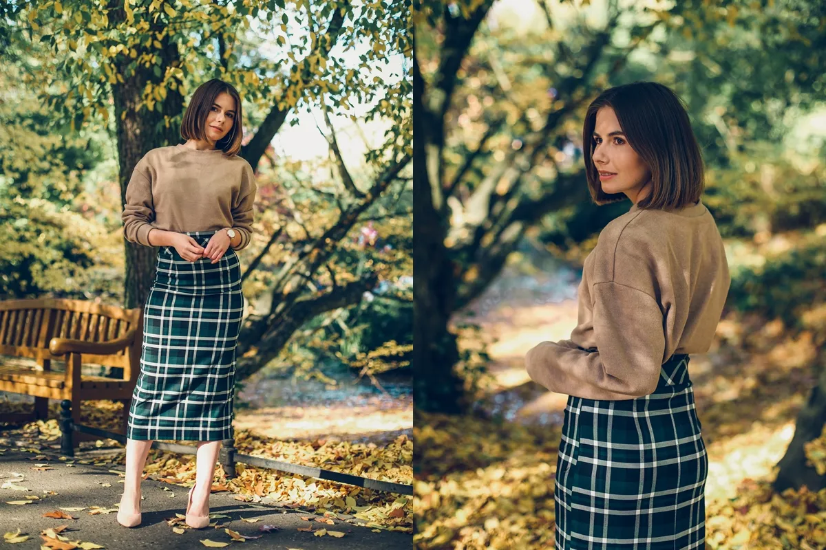 Oł&oacute;wkowa sp&oacute;dnica w kratę ponadczasowa stylizacja