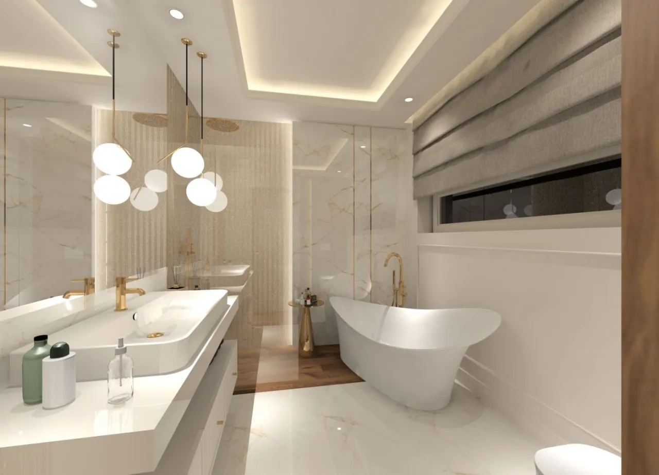 Wielkoformatowe płytki imitujące marmur w jasnej łazience