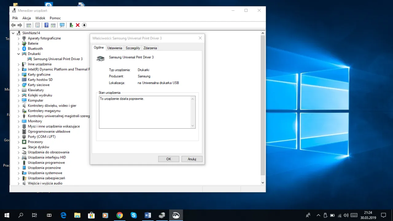 Ekran menedżera urządzeń Windows ze sterownikami drukarki