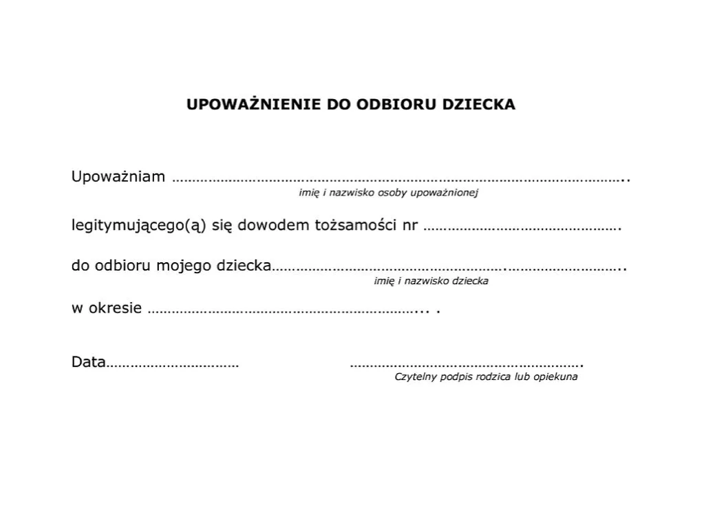Wzór upoważnienia do odbioru dziecka z przedszkola