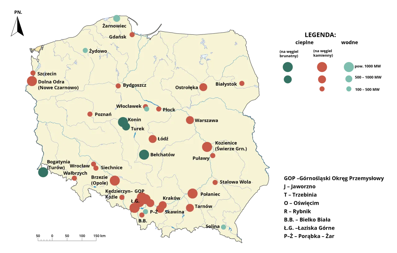 Mapa Polski z zaznaczonymi elektrowniami. Kolory i rozmiary k&oacute;ł wskazują rodzaj paliwa i moc. Produkcja energii elektrycznej w Polsce online.