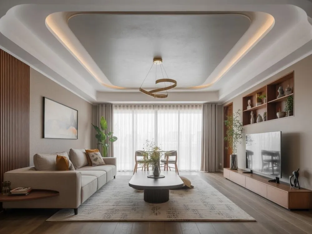 różne style wykończenia sufitu w salonie inspiracje