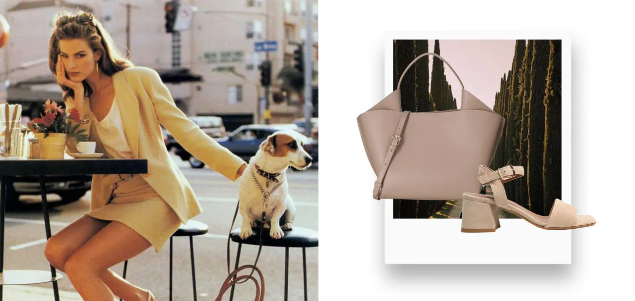 Styl old money vs klasyczna elegancja w modzie wizytowej: kobieta z pieskiem przy stoliku kawiarnianym i zestaw torebka plus sandałki.