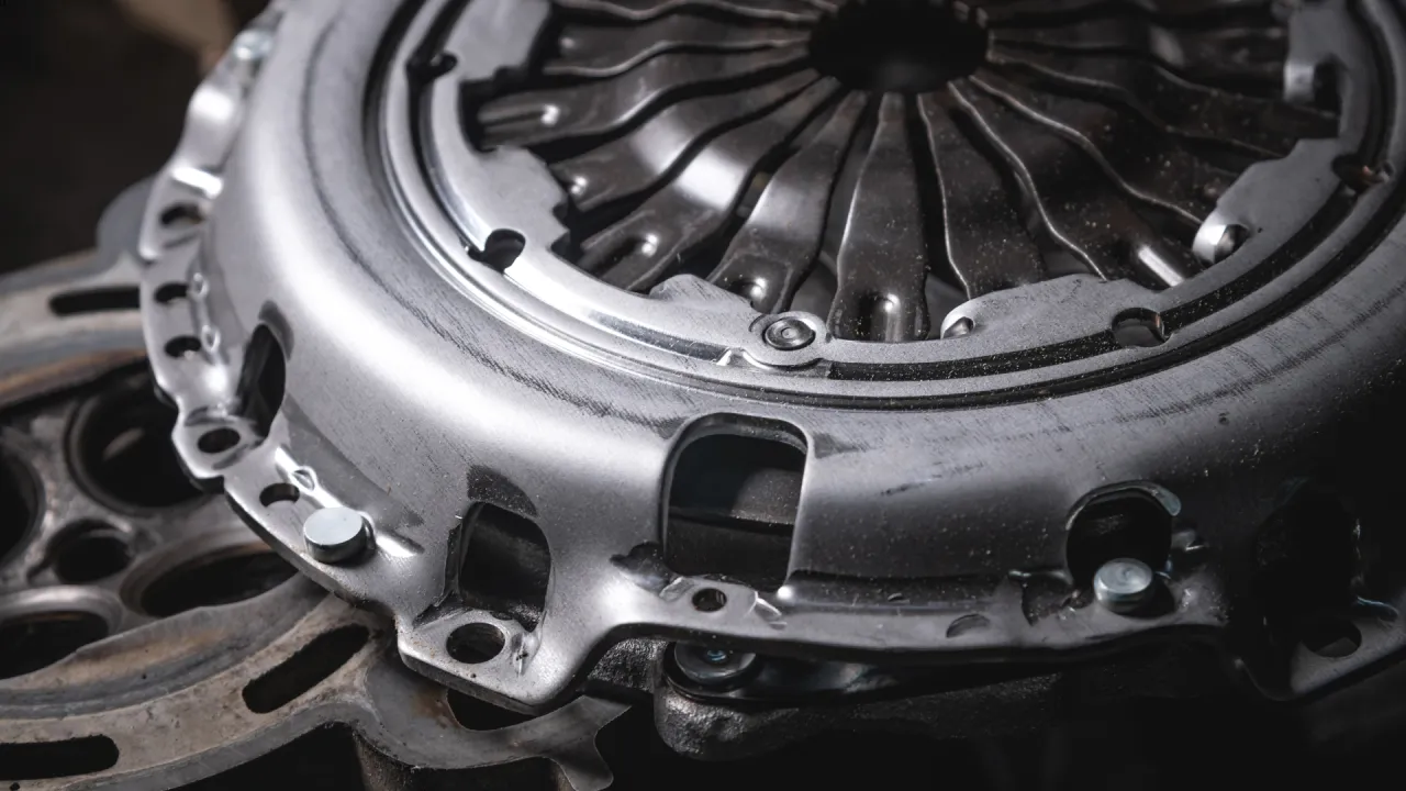 Metalowe elementy sprzęgła samochodowego. Zepsute sprzęgło objawy mogą być r&oacute;żne, od ślizgania po trudności ze zmianą bieg&oacute;w.