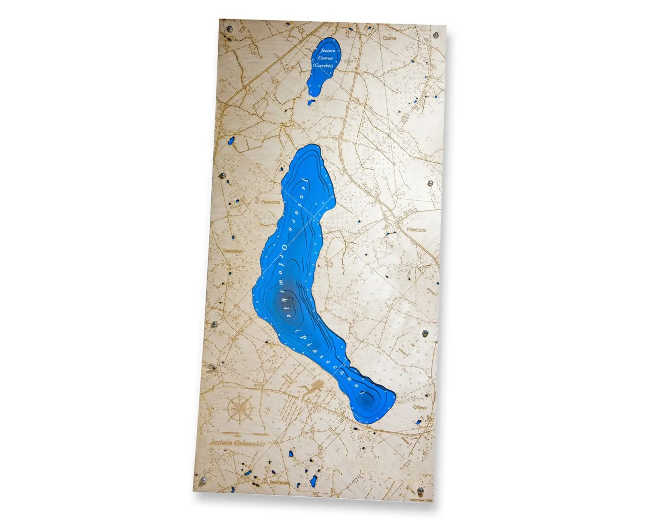 Mapa Jeziora Orłowskiego z zaznaczonymi miejsc&oacute;wkami wędkarskimi i parkingiem