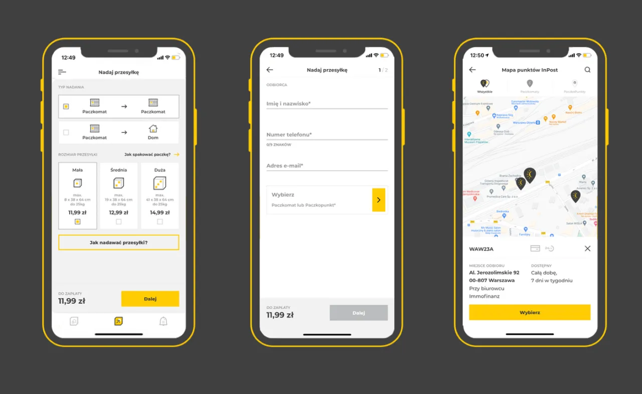 Zrzut ekranu z aplikacji InPost Mobile bez widocznej opcji przekierowania