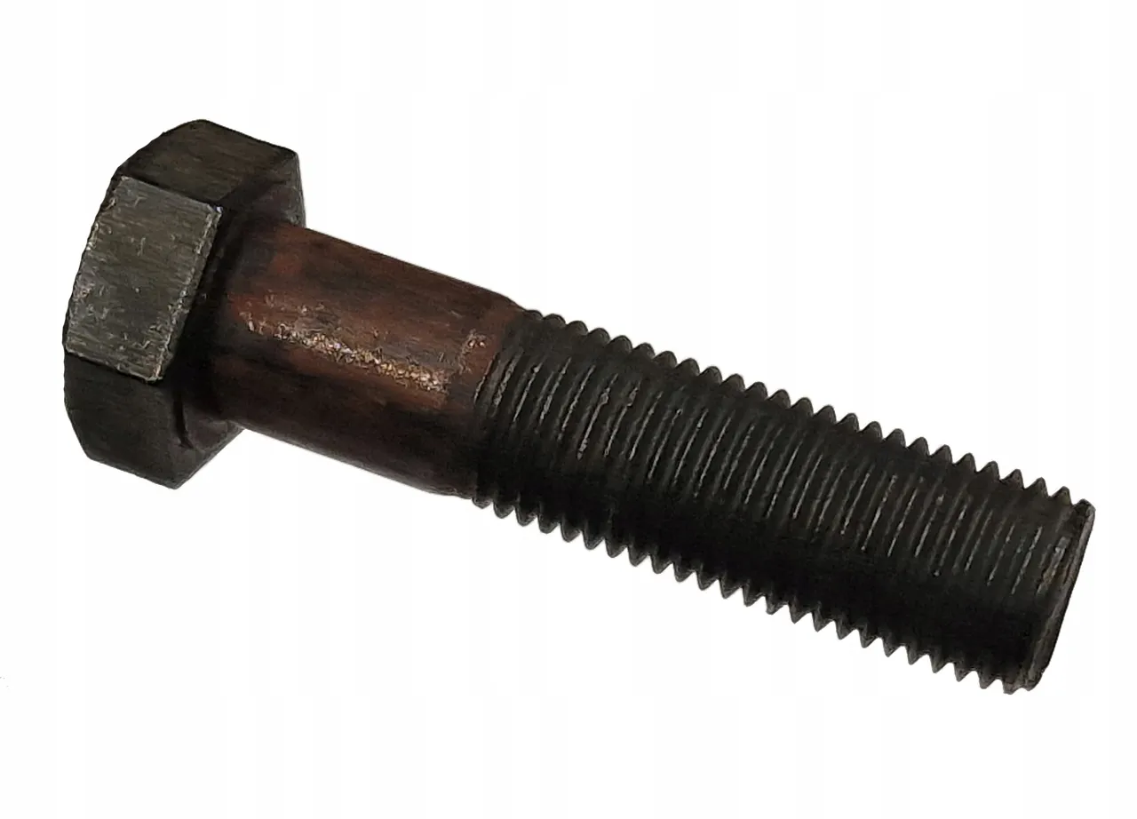 Śruba noża kosiarki z sześciokątnym łbem i wyraźnym gwintem.