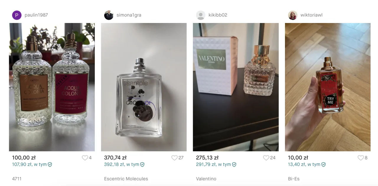 Butelki z wodą toaletową 4711 Acqua Colonia, jedna z nich to tester. Obok flakonik Escentric Molecules, Valentino i Bi-Es.