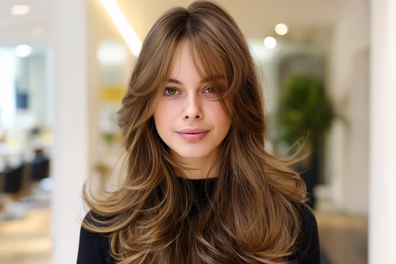 Kobieta z falowanymi włosami, prezentująca fryzurę z grzywką na boki, idealną do wykonania prostownicą.