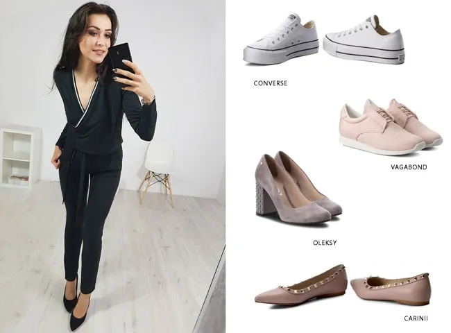 Stylizacje kombinezon buty na obcasie i płaskie