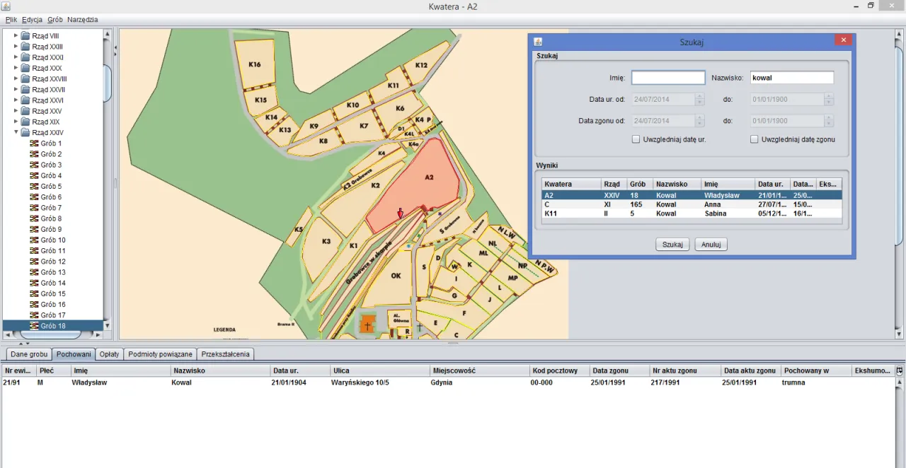 Mapa cmentarza z kwaterami