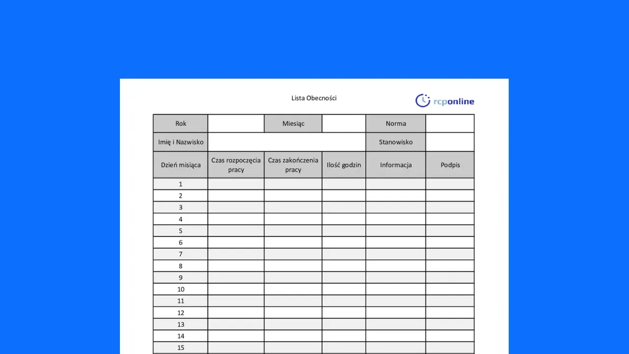 lista obecności staż urząd pracy wzór