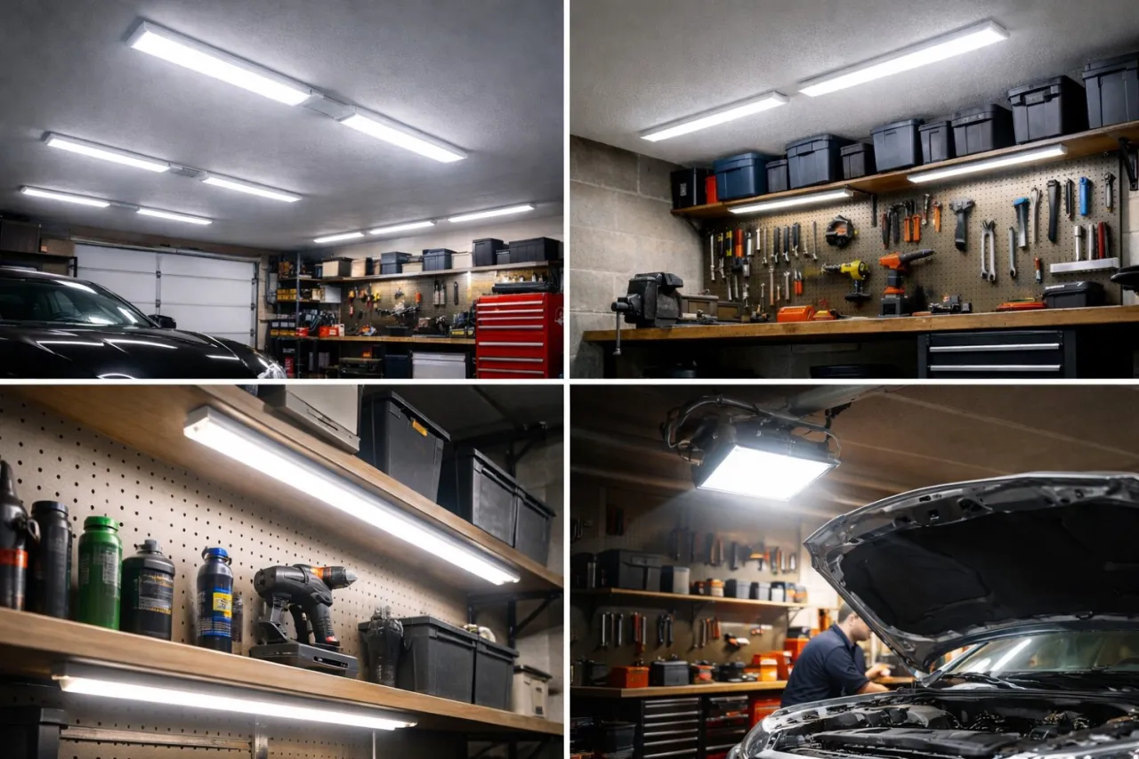 Jasne, nowoczesne oświetlenie LED w garażu zapewnia doskonałą widoczność. Idealne, jakie oświetlenie do garażu, by pracować przy samochodzie.