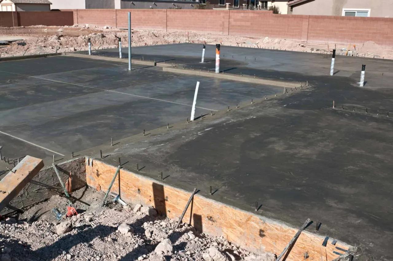 Świeżo wylany beton na fundamencie, z widocznymi rurami i zbrojeniem. To kluczowy etap, by wiedzieć, czym zabezpieczyć fundamenty przed wilgocią.