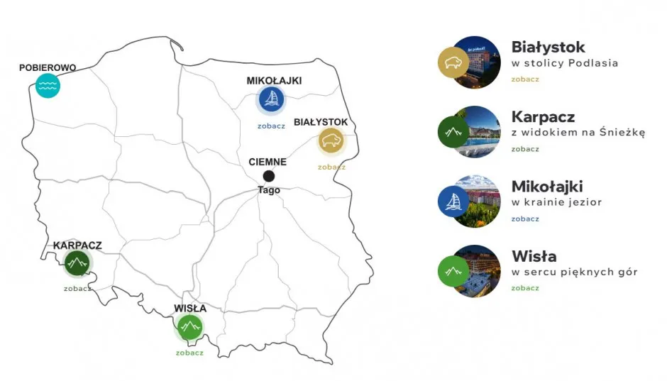 Mapa Polski z lokalizacjami hoteli Gołębiewski