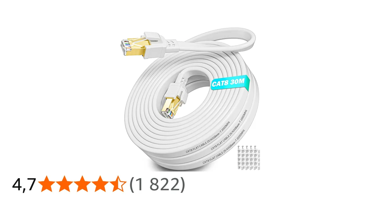 Biały, płaski kabel sieciowy kategorii Cat 8 o długości 30m, z pozłacanymi wtykami RJ45. Idealny do szybkiego internetu.