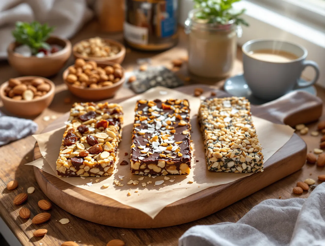 Trzy batony proteinowe z orzechami i bakaliami, idealne, gdy zastanawiasz się, jak zrobić batona proteinowego.