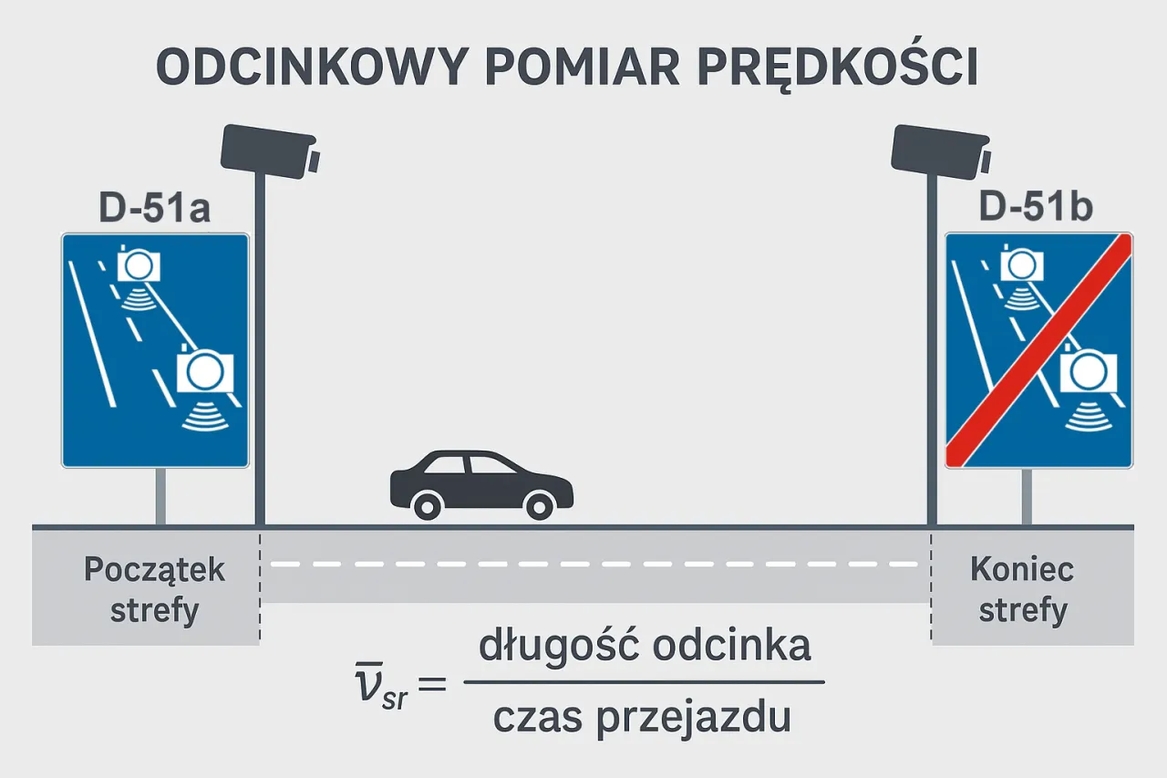 Schemat odcinkowy pomiar prędkości S7: znak początku strefy z kamerami, samoch&oacute;d, znak końca strefy i wz&oacute;r na prędkość średnią.