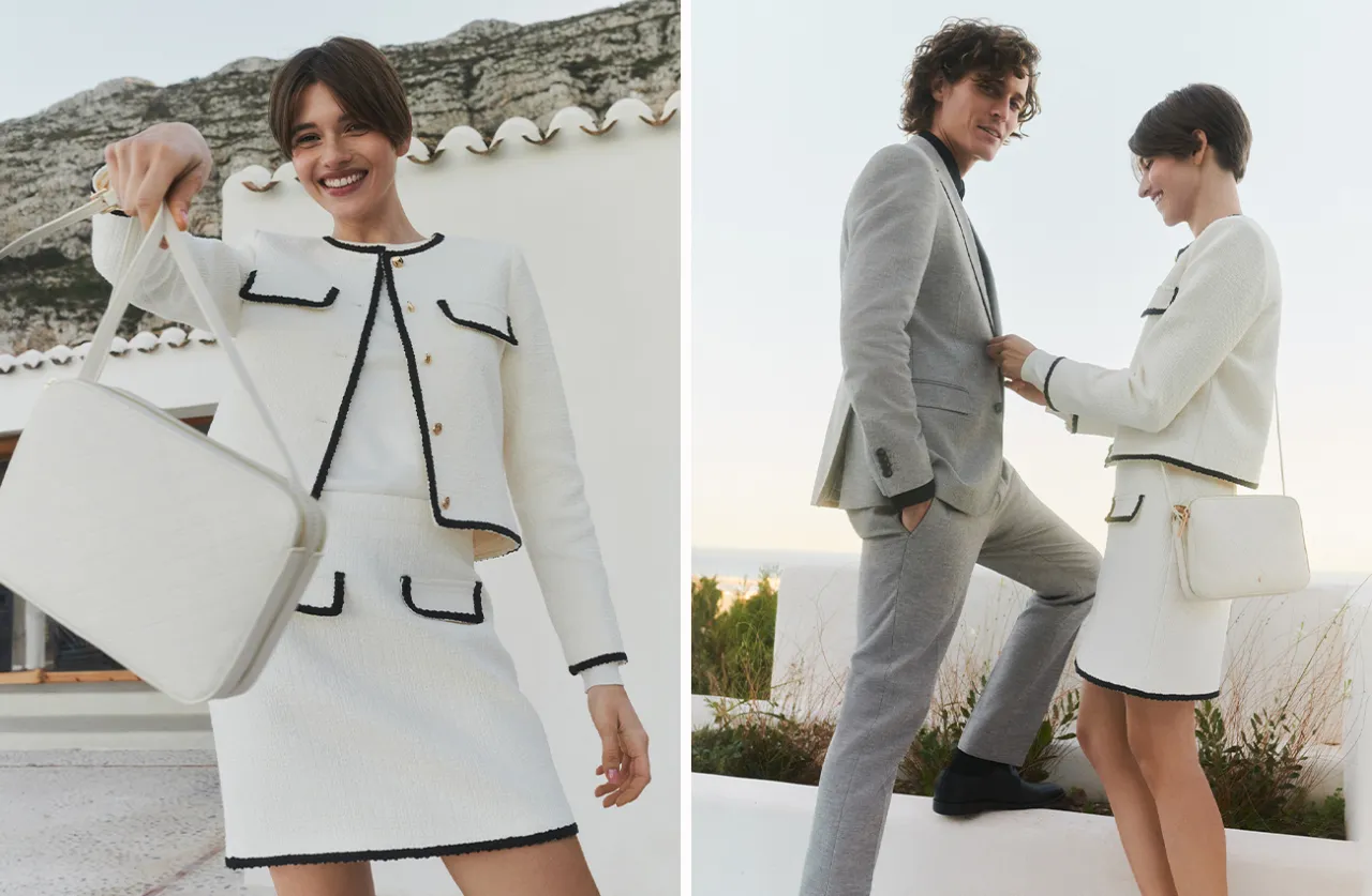 Kobieta w tweedowym komplecie i mężczyzna w szarym garniturze. Różnica między stylem old money a klasyczną elegancją w modzie wizytowej.