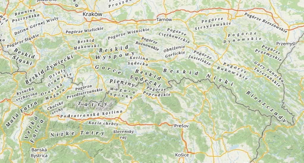 Mapa pasm g&oacute;rskich w Polsce