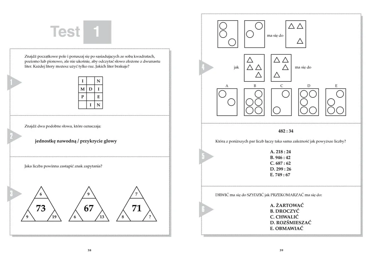Test 1. Zagadka o czasie: litery tworzą słowo, liczby w tr&oacute;jkątach, figury geometryczne i pary liczb.