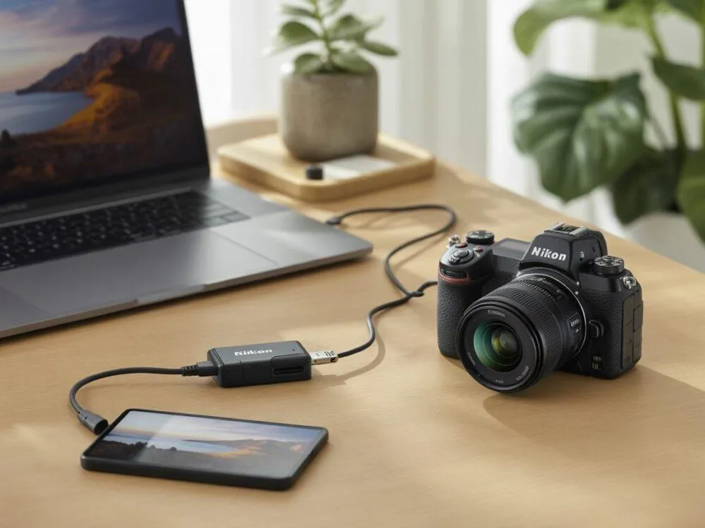 Aparat Nikon podłączony do komputera kablem USB