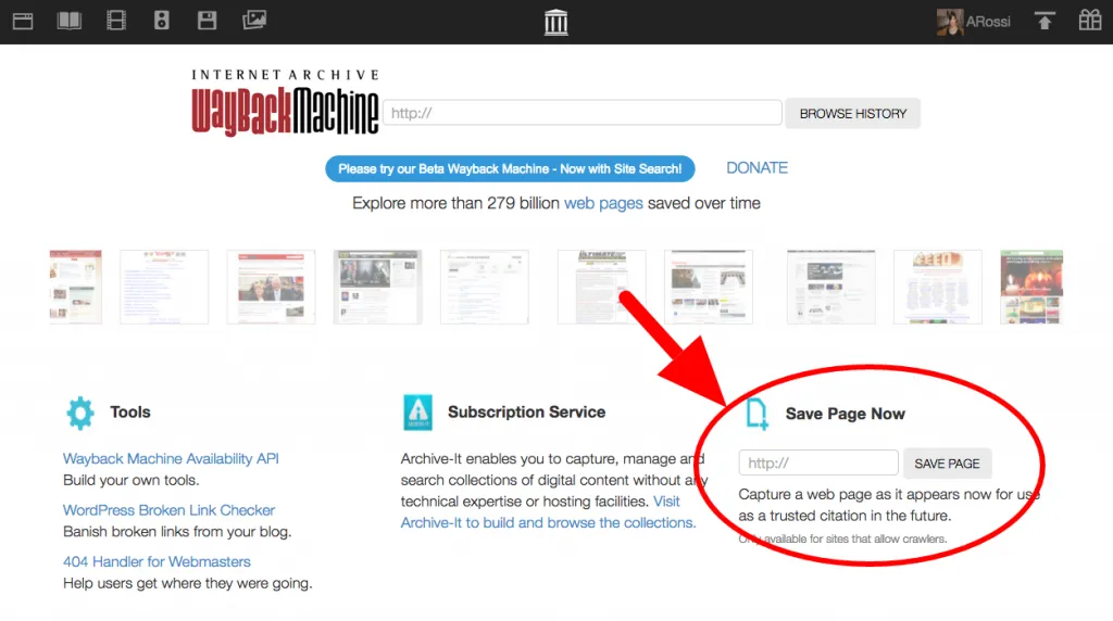 Wayback Machine screenshot