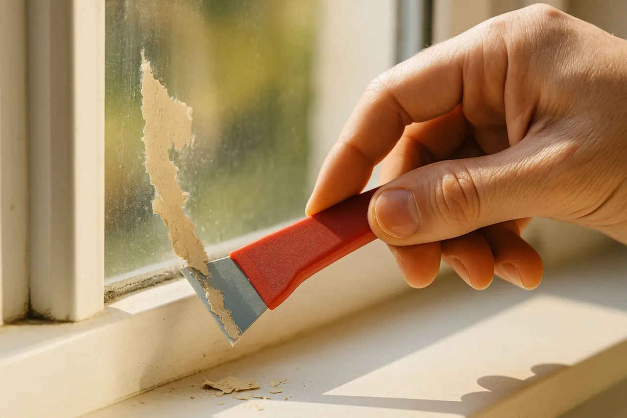 usuwanie zaschniętej farby z szyby okiennej skrobakiem