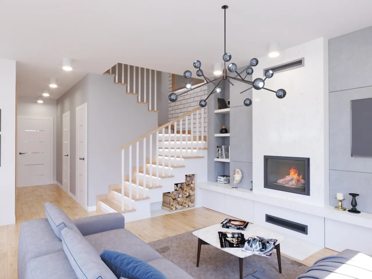 Nowoczesne gotowe aranżacje wnętrz: salon z kominkiem, schodami i wygodną sofą.