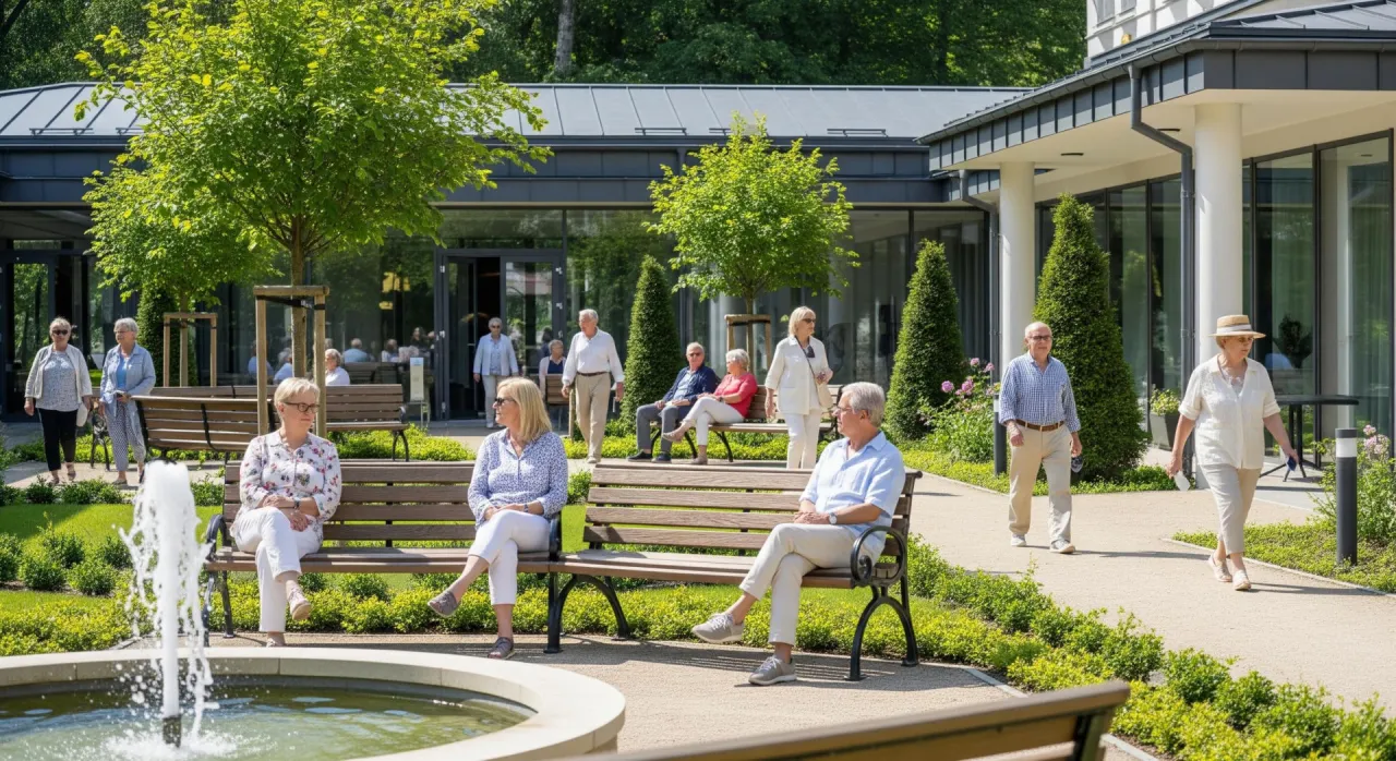 Seniorzy odpoczywają w pięknym ogrodzie. Zastanawiasz się, ile kosztuje pobyt w sanatorium?