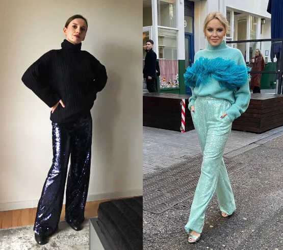Stylizacje z cekinowymi spodniami na Sylwestra