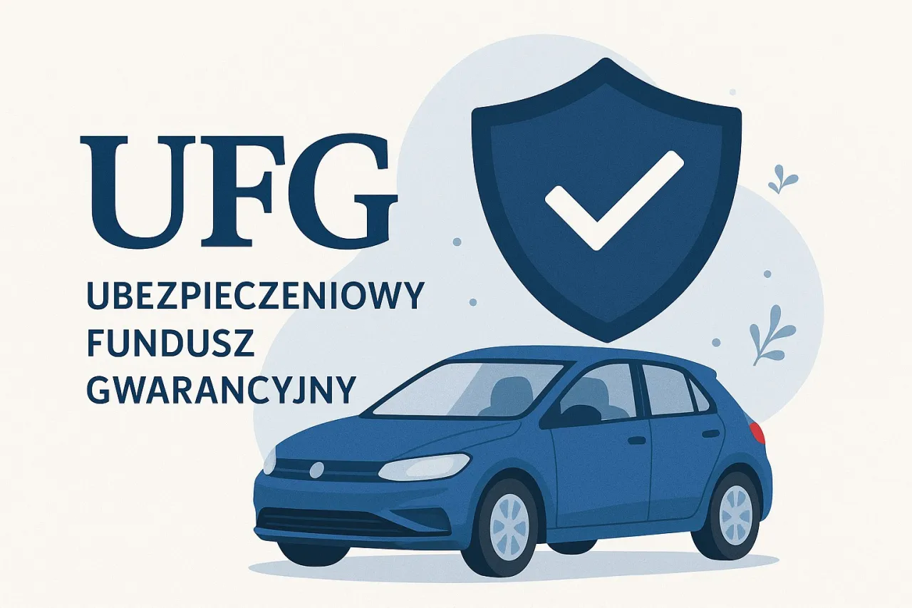 UFG - Ubezpieczeniowy Fundusz Gwarancyjny chroni Twoje ubezpieczenie. Symbol tarczy z haczykiem i niebieski samoch&oacute;d.