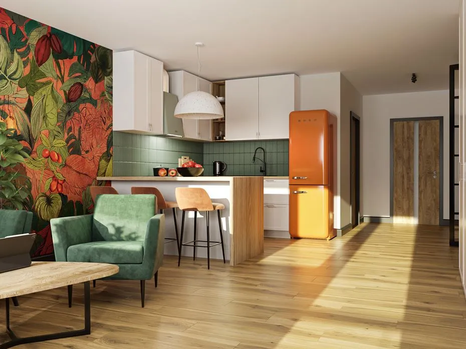 wnętrze małego mieszkania z lustrami i jasnymi kolorami