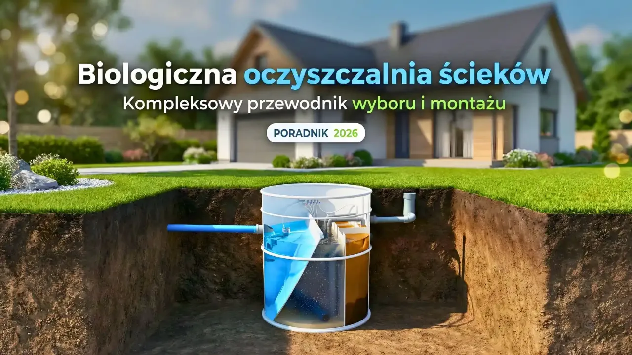 Przekrój przydomowej oczyszczalni ścieków, pokazujący jej działanie. To inwestycja na lata, zapewniająca czystość i ekologię.