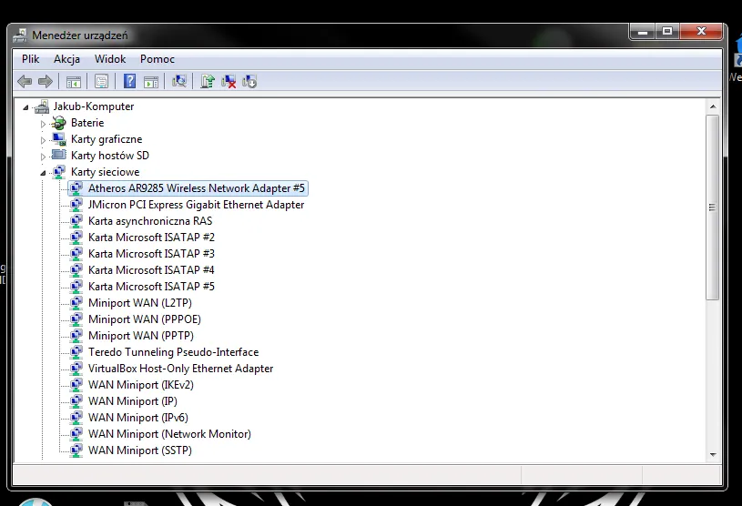Menedżer urządzeń Windows sterowniki karty sieciowej