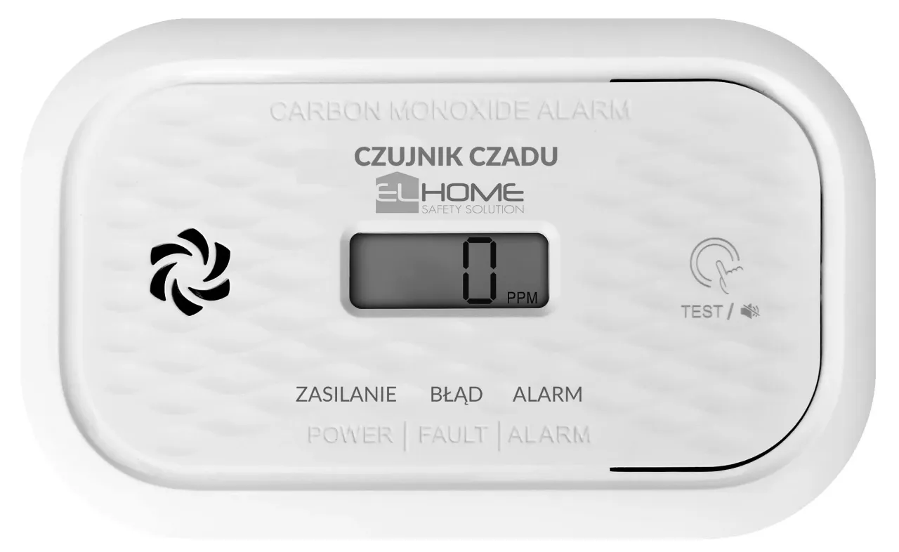 Biały czujnik czadu z wyświetlaczem pokazuje 0 PPM. Dowiedz się, jak działa czujnik czadu, by zapewnić bezpieczeństwo.