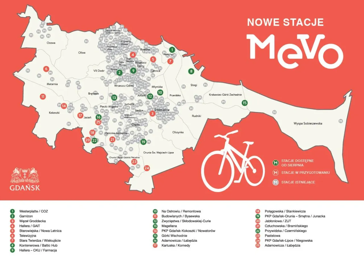 Mapa komunikacji miejskiej Gdynia, rower Mevo