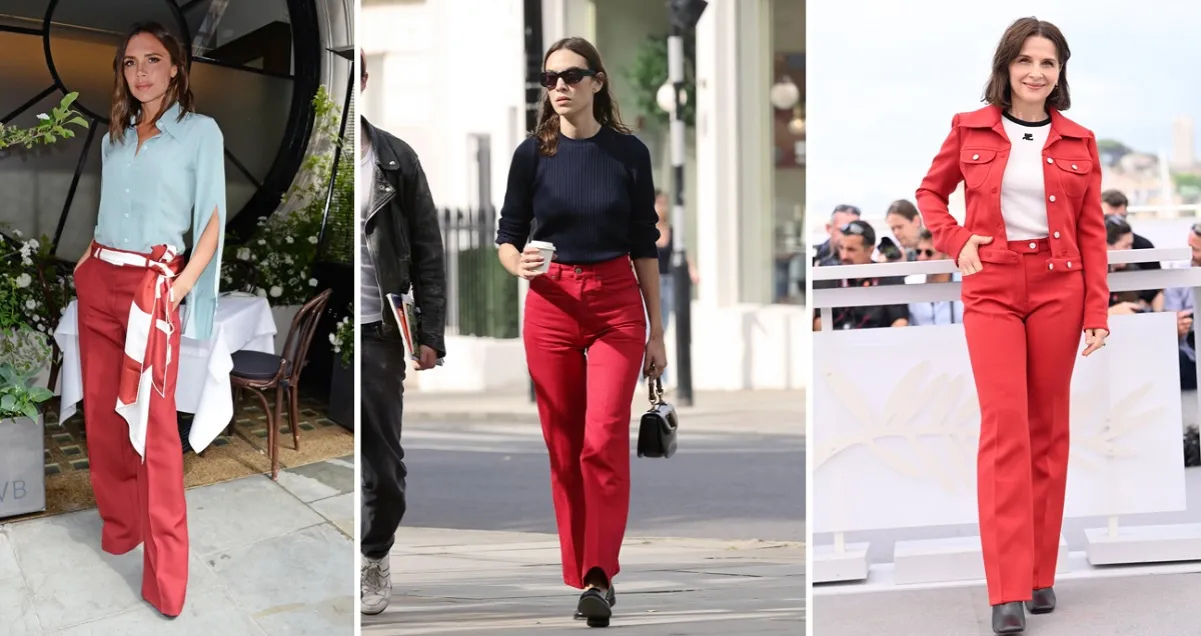 Czerwone spodnie z koszulą jeansową damskie