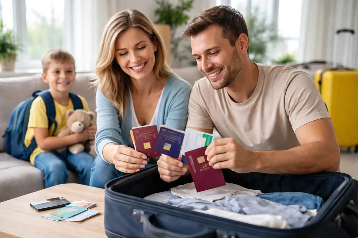 rodzice z dzieckiem w urzędzie paszportowym