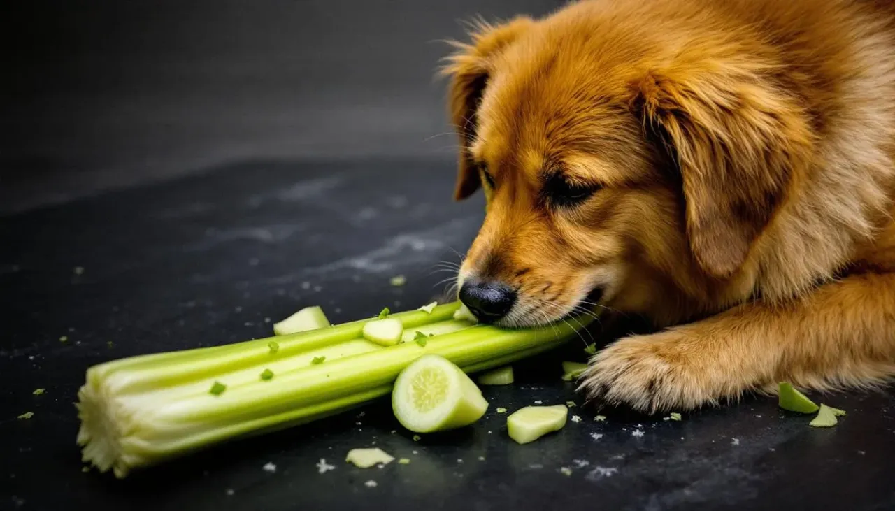 pies jedzący seler pokrojony w kostkę