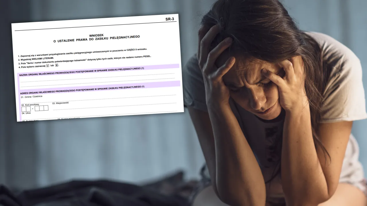 Zrozpaczona kobieta trzyma się za głowę obok wniosku o zasiłek pielęgnacyjny. Czy to droga, jak dostać rentę na depresję?