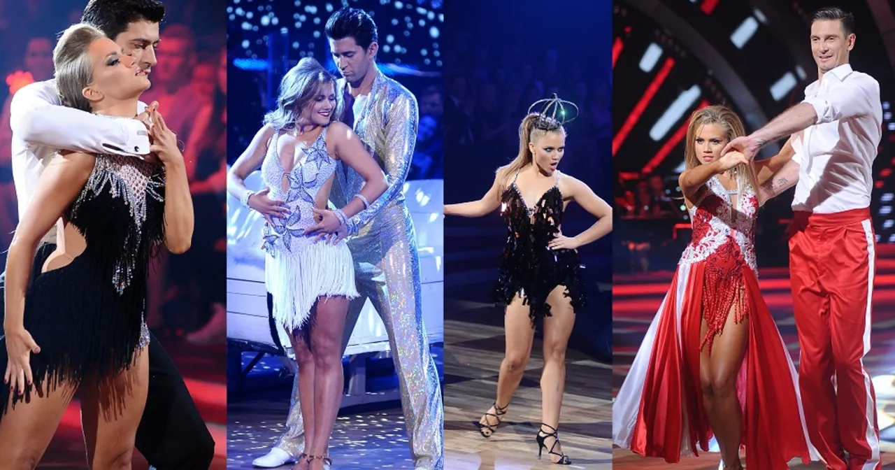 Agnieszka Kaczorowska w różnych kreacjach tanecznych. Jej wzrost pozwala na efektowne figury.