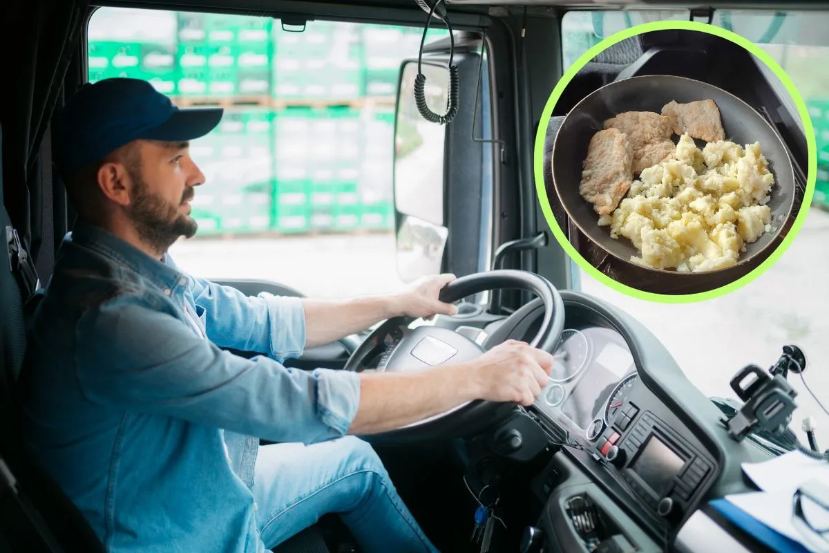 Kierowca ciężar&oacute;wki w trasie. Pomyśl, co ugotować kierowcy w trasę: kotlety i ziemniaki na patelni.