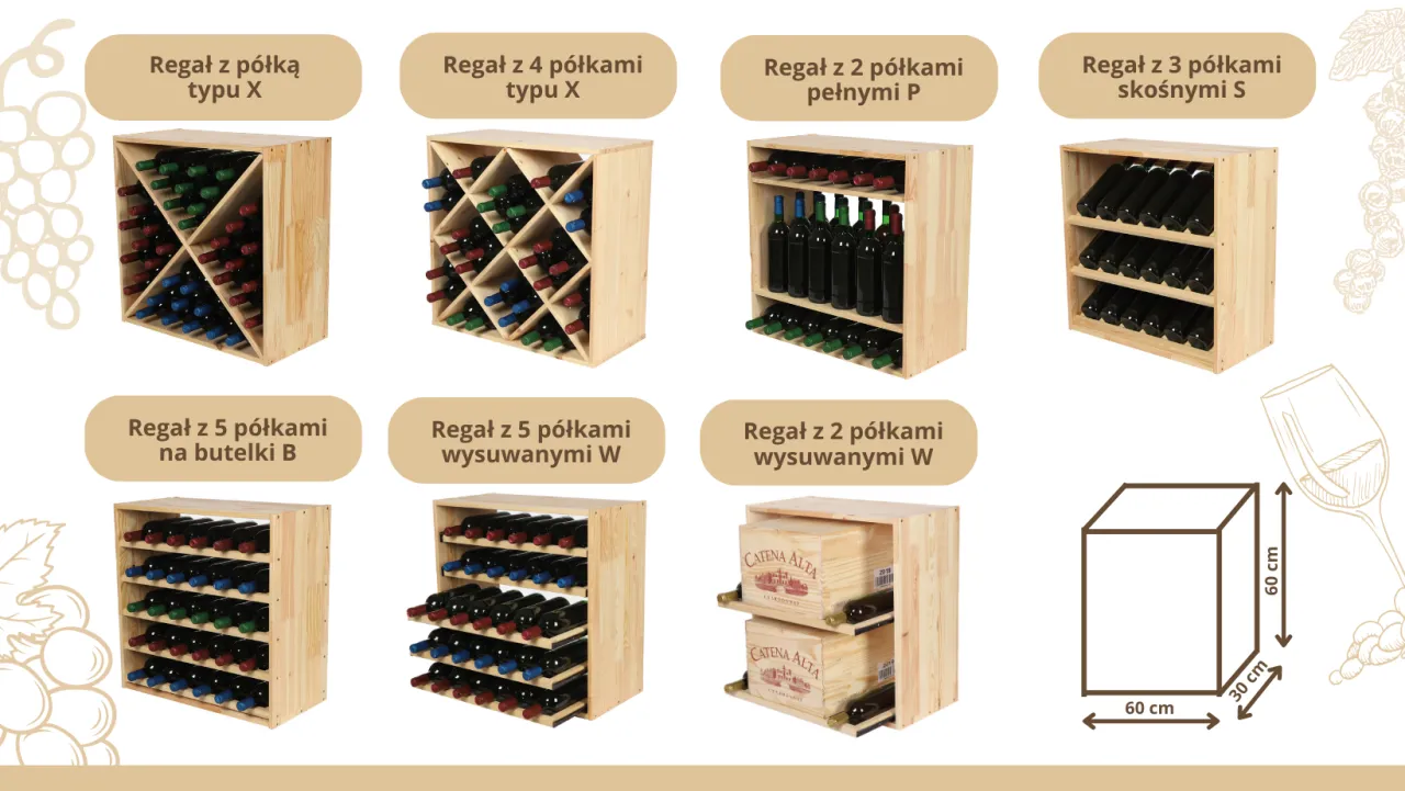 r&oacute;żne typy regał&oacute;w na wino i alkohole, regały modułowe, regały do piwniczki