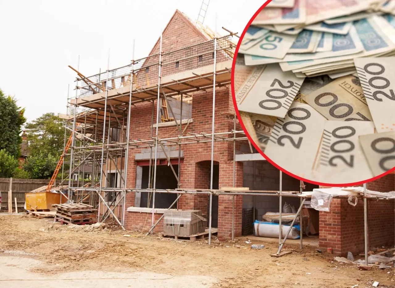 Budowa domu wstrzymana, kiedy wygasa pozwolenie na budowę. Stos pieniędzy symbolizuje koszty.