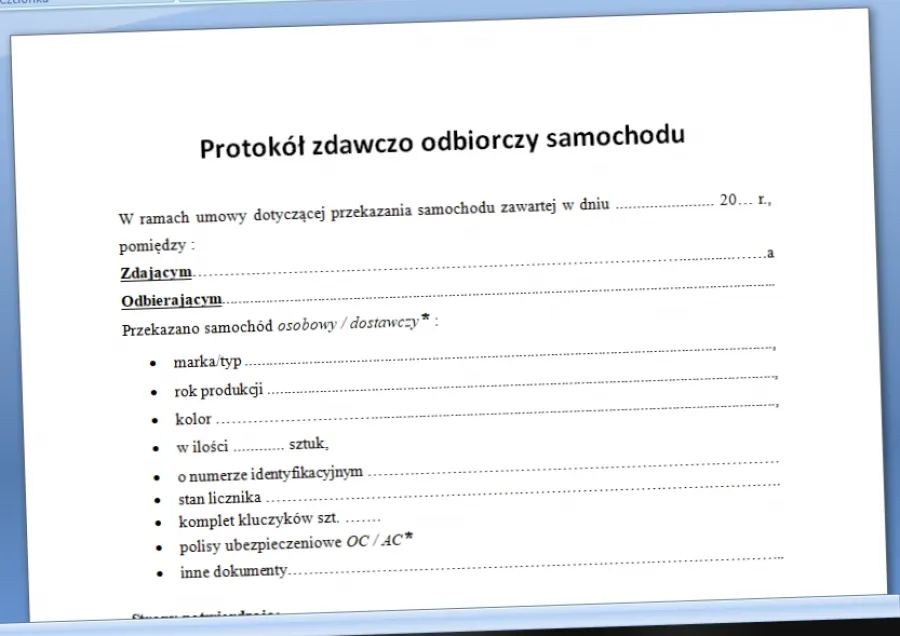 protokół zdawczo odbiorczy samochodu uszkodzenia