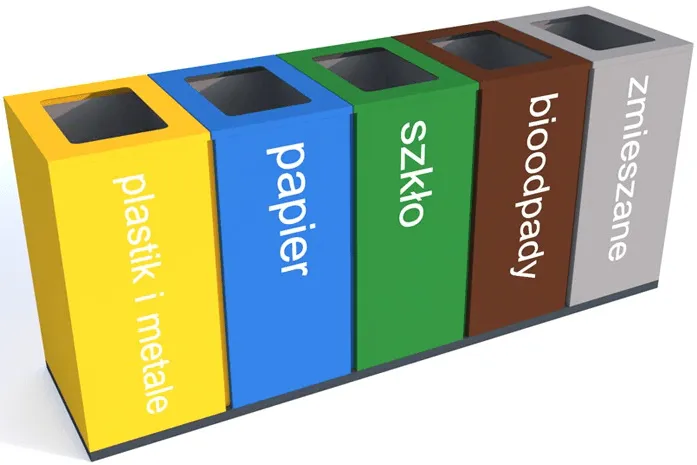 pięć kolorowych pojemników do segregacji śmieci stojących obok siebie