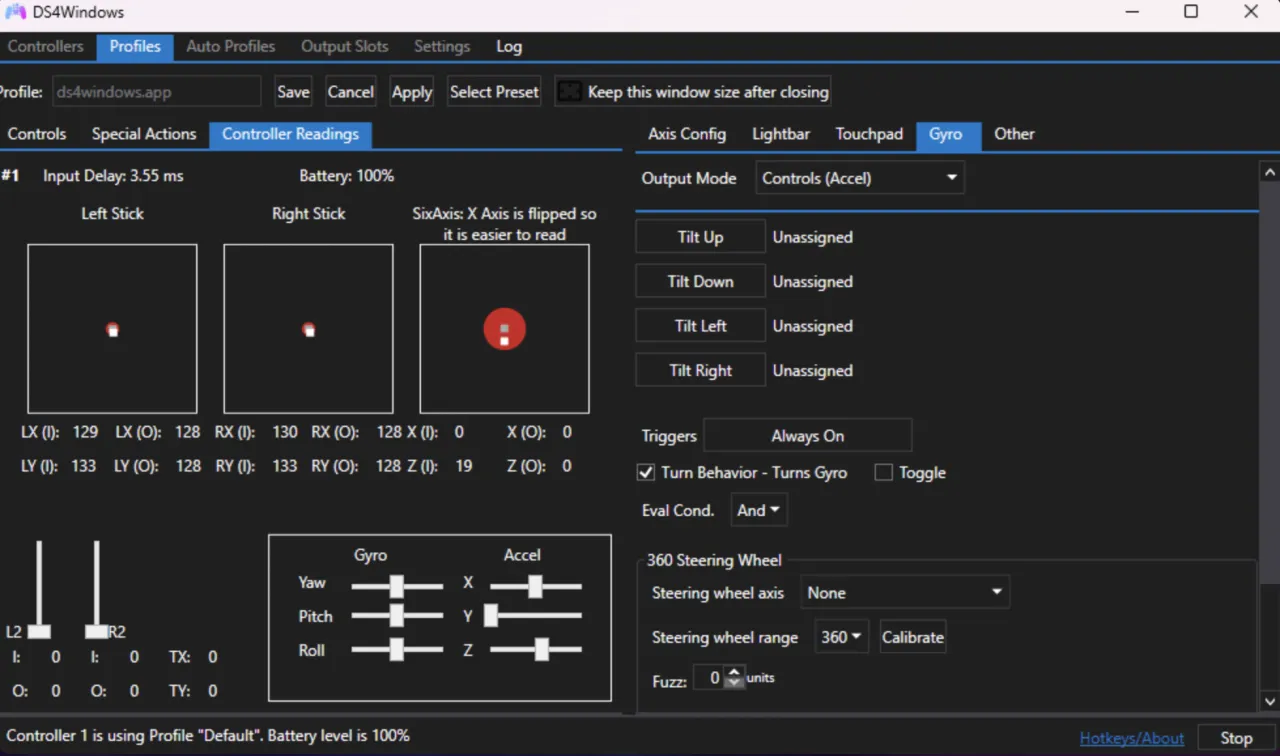 Interfejs programu DS4Windows
