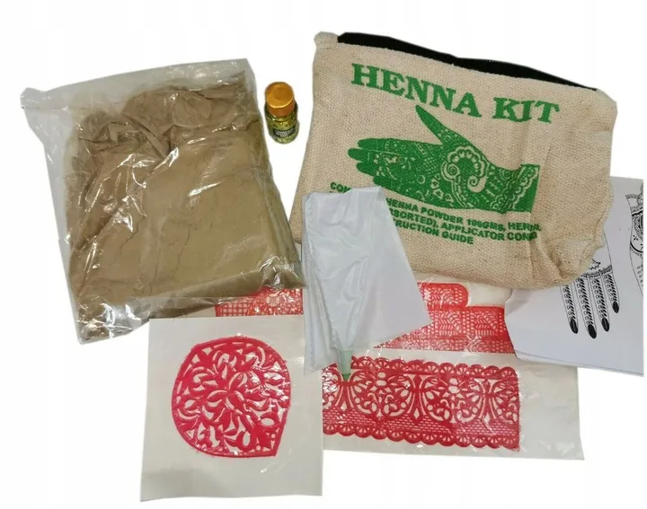 zestaw do tatuażu henną, naturalna henna rożek, szablony do henny, olejek do henny